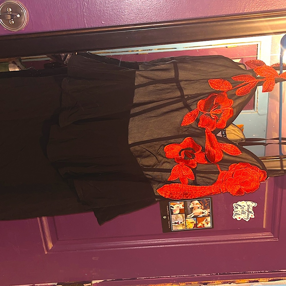 Black Dress with Red Floral Embroidery